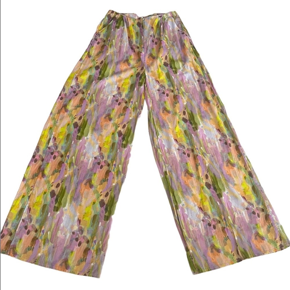 New Anthropologie Nasty Gal Linen Pants Wide Leg Palazzo Size 4 Purple Green View 4